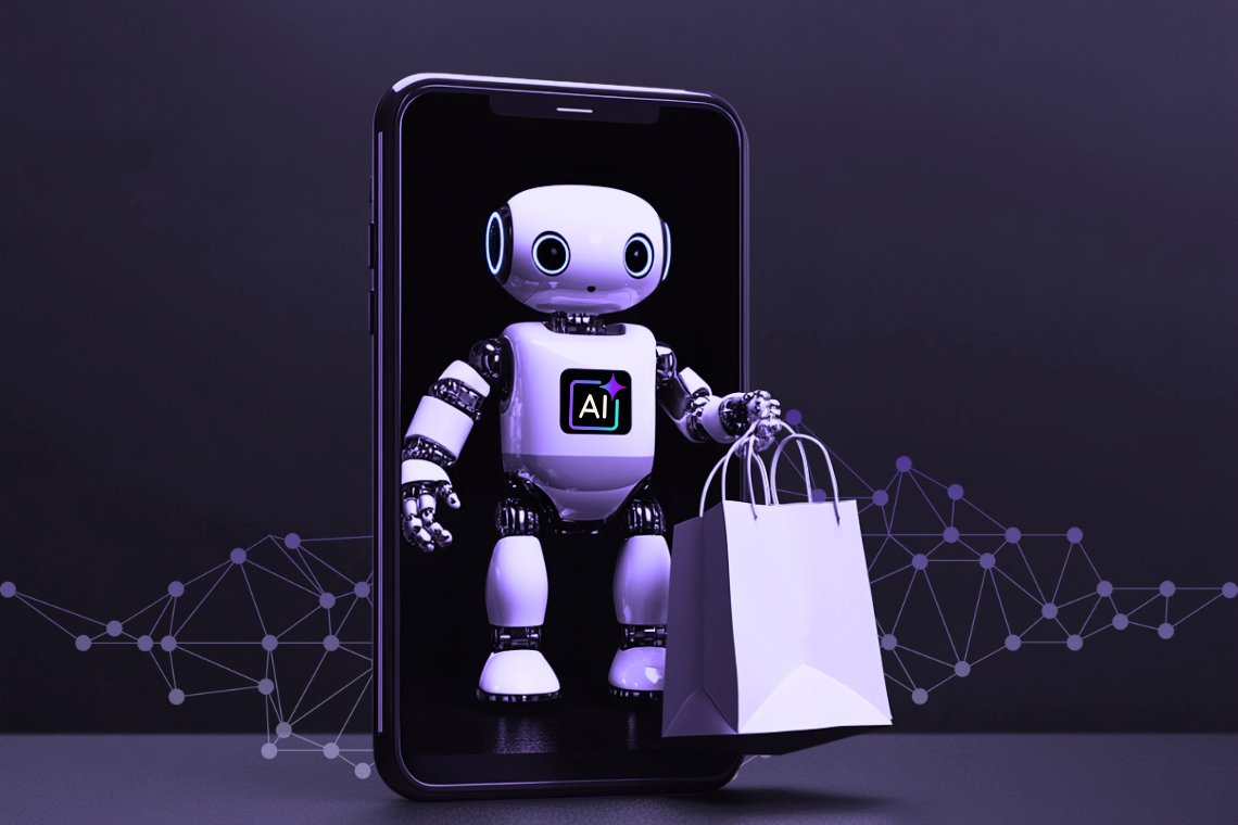 Roboter auf Mobiltelefon mit Shopping-Tüte in der Hand