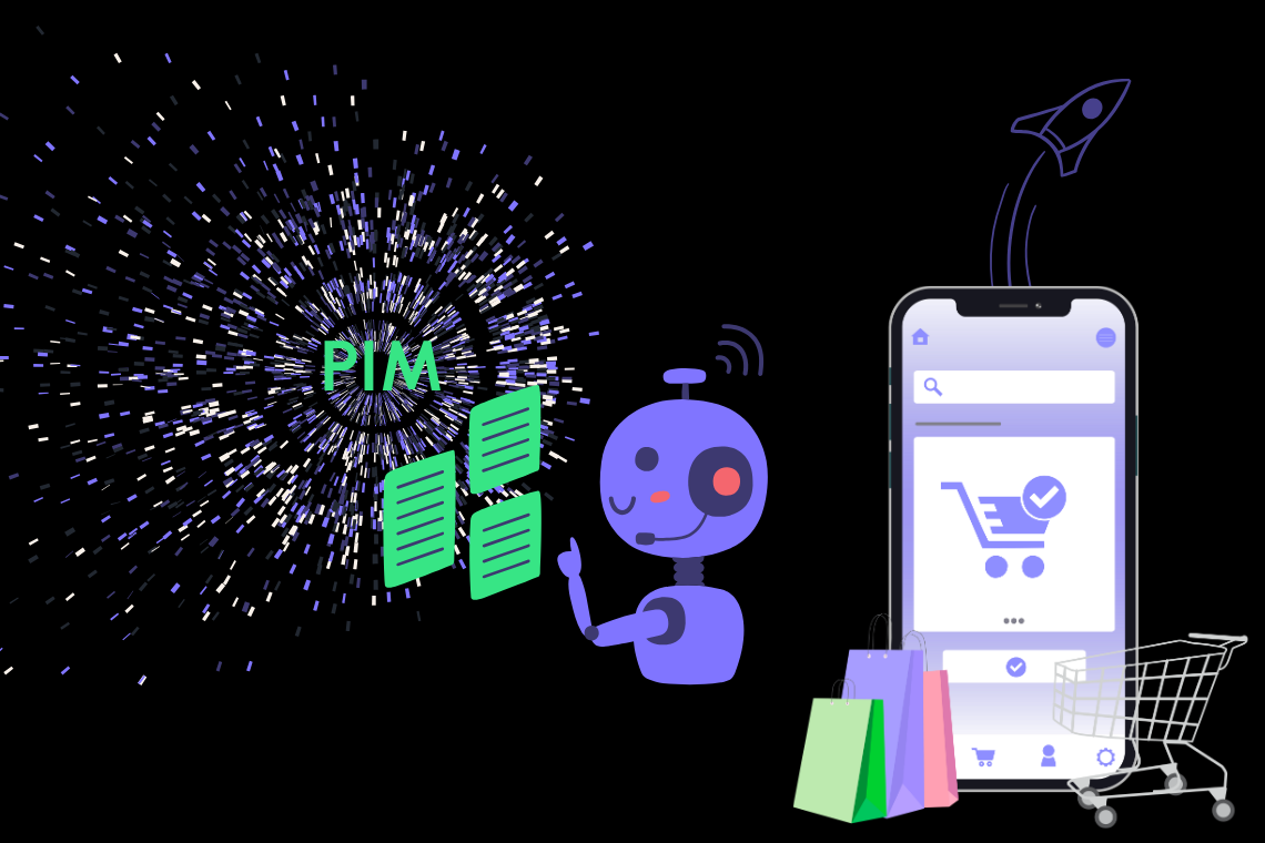 KI Roboter analysiert PIM Datenstruktur, daneben Online Shopping Symbol auf Mobiltelefon