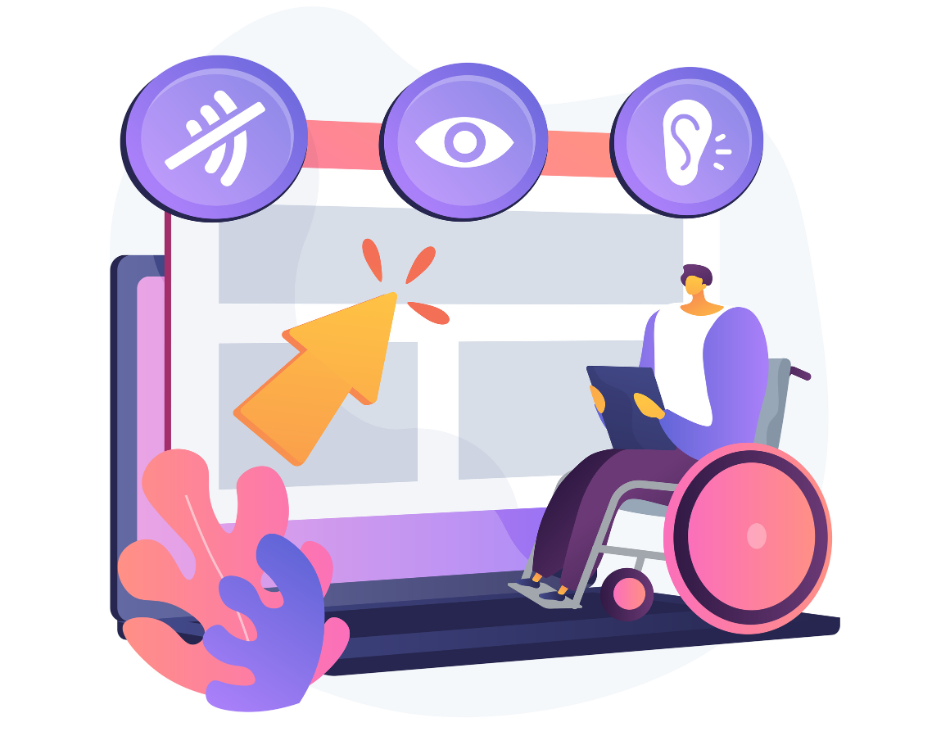 Bild eines Rollstuhlfahrers vor eine Laptop mit Icons zum Thema visueller und auditiver Einschränkungen