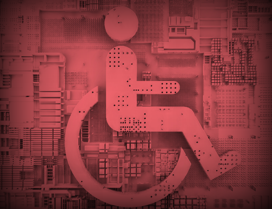 Bild eines Rollstuhlfahrers in digitaler Aufmachung und Umgebung